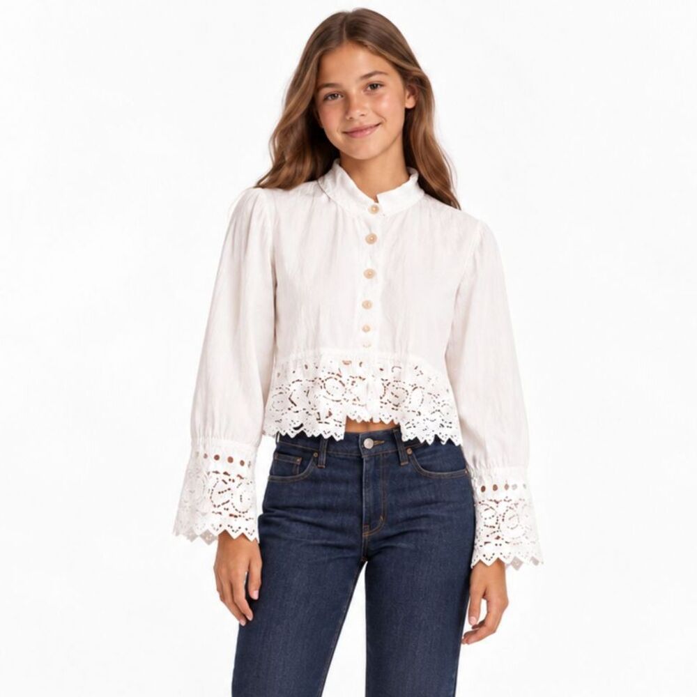 Livingston Williams Classics White Cotton Eyelet Lace Cropped Blouse Girls XL